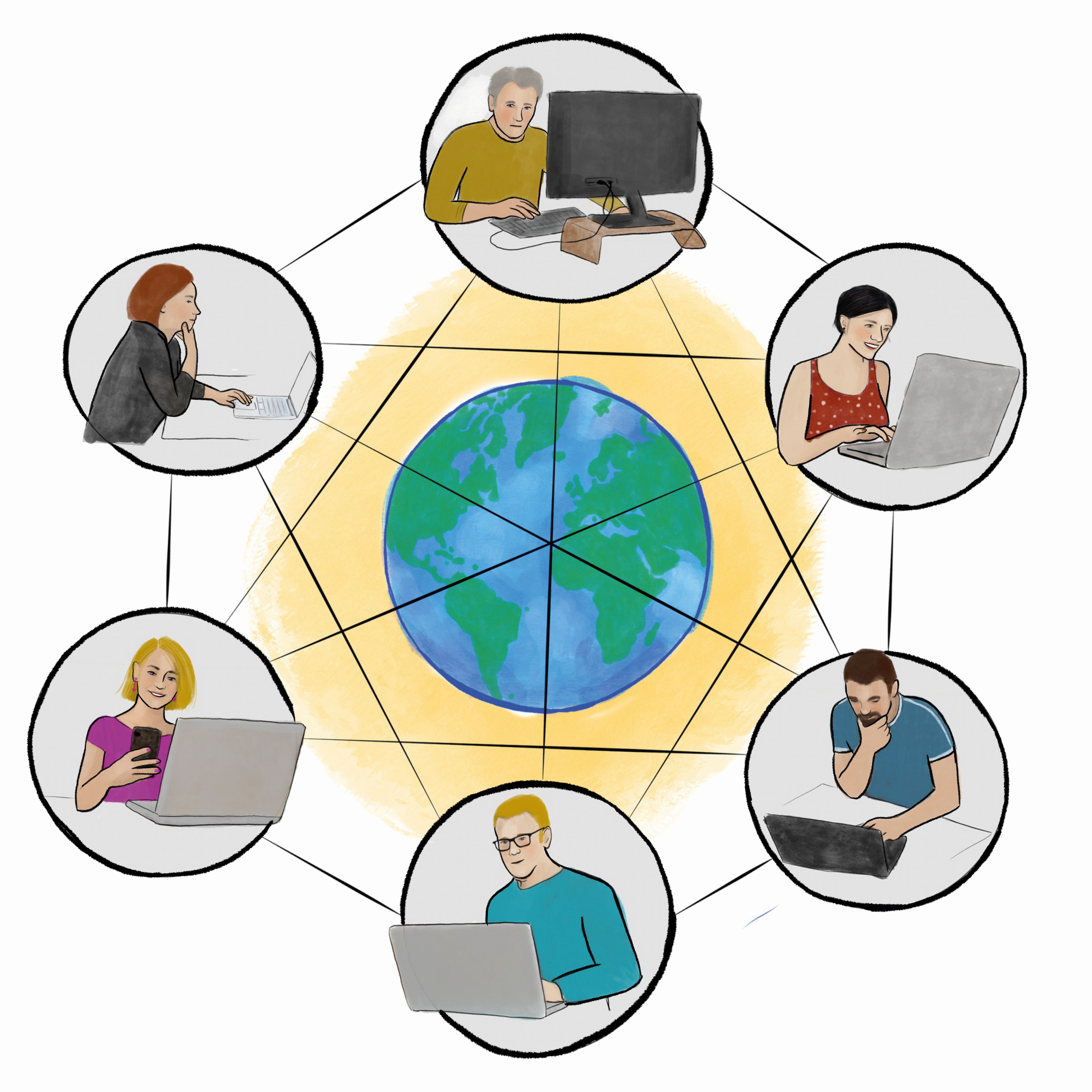 Mehrere Menschen sitzen an Computern und sind miteinander über das Internet verbunden