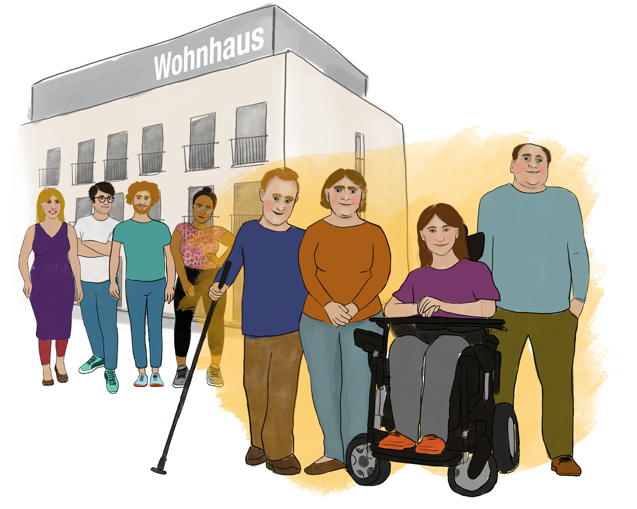 Vor einem Wohnhaus stehen Personen. Ganz vorne stehen vier Personen nebeneinander.