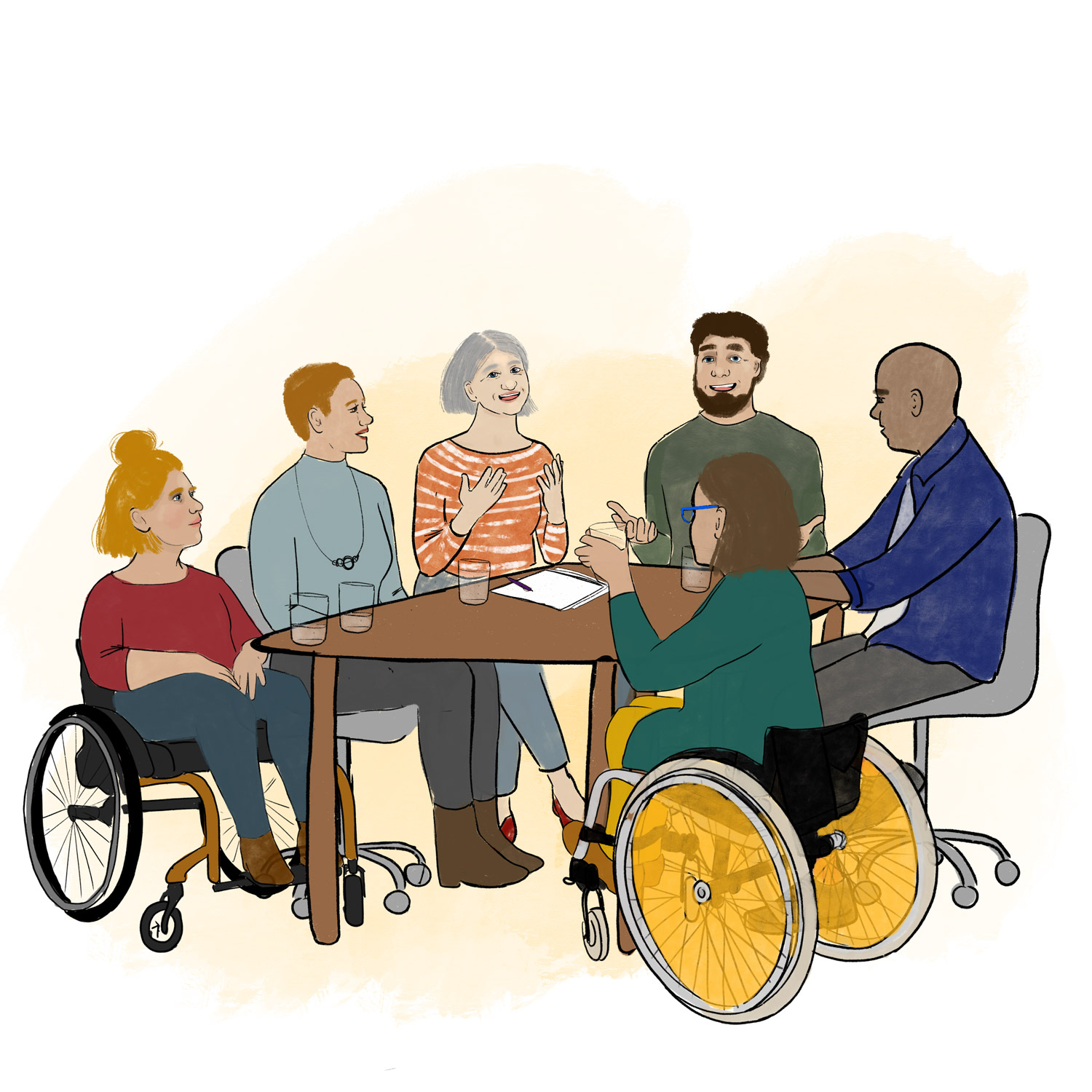 Eine Gruppe von Menschen sitzt am Tisch und diskutiert