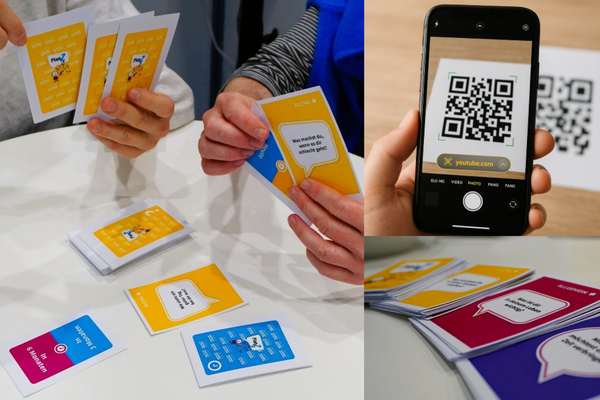 Mehrere Bilder des Kartenspiels. Zu sehen sind bunte Spielkarten auf dem Tisch und in Händen. Außerdem ist ein Handy zu sehen, das einen QR-Code scannt
