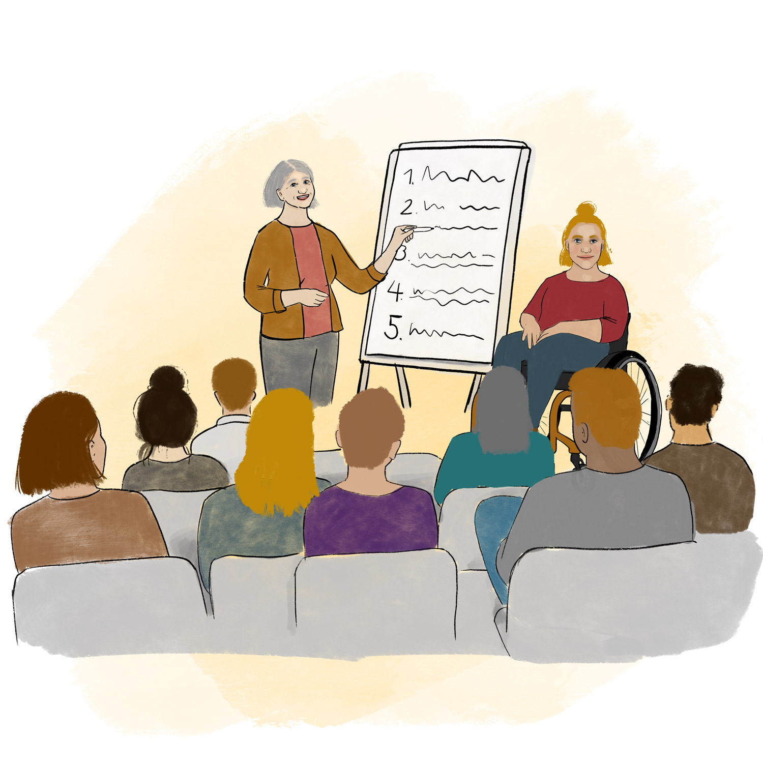 Zwei Personen sprechen vor einer Gruppe von sitzenden Menschen